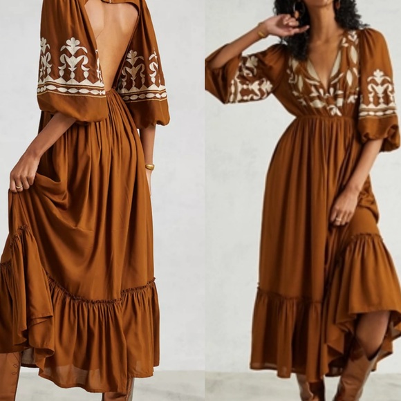 Anthropologie Let Me Be Embroidered Open-Back Maxi Dress - Picture 1 of 8
